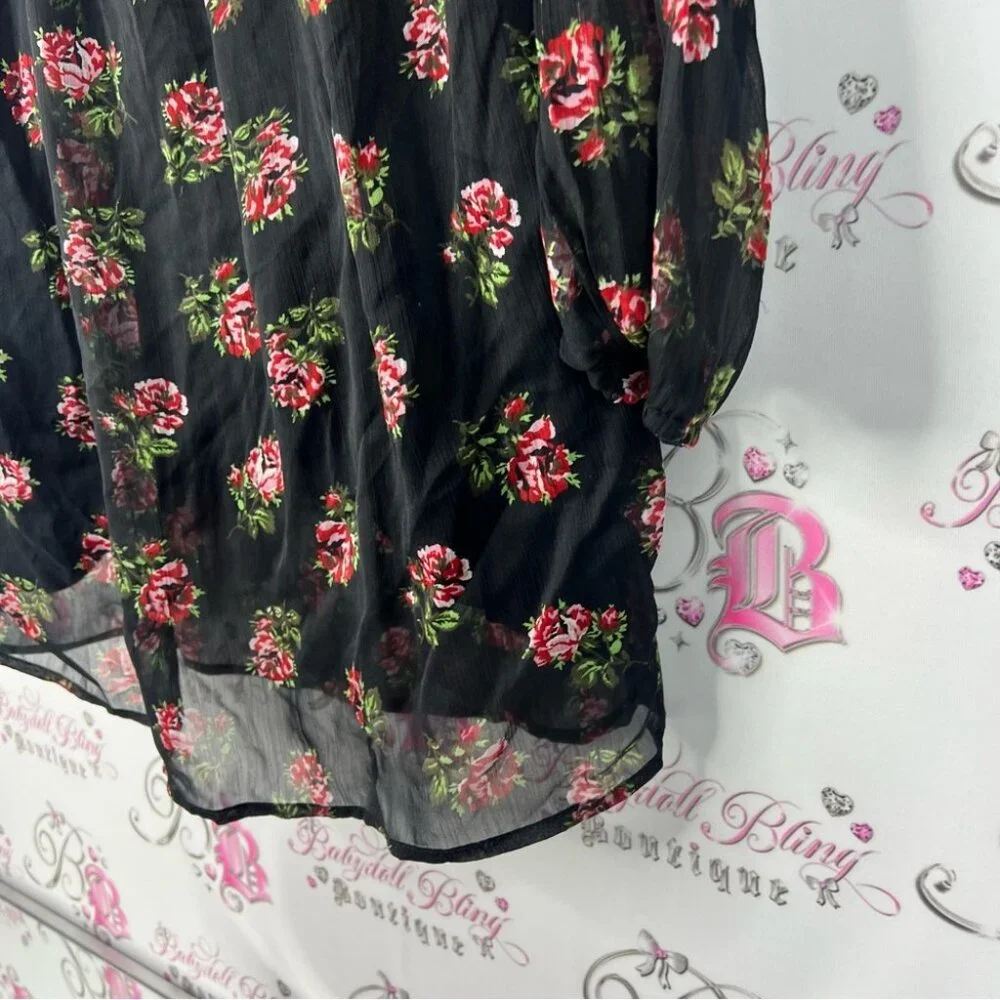 GAP dress roses flowers ruffle bubble sleeve Black Floral Sheer Blouse
